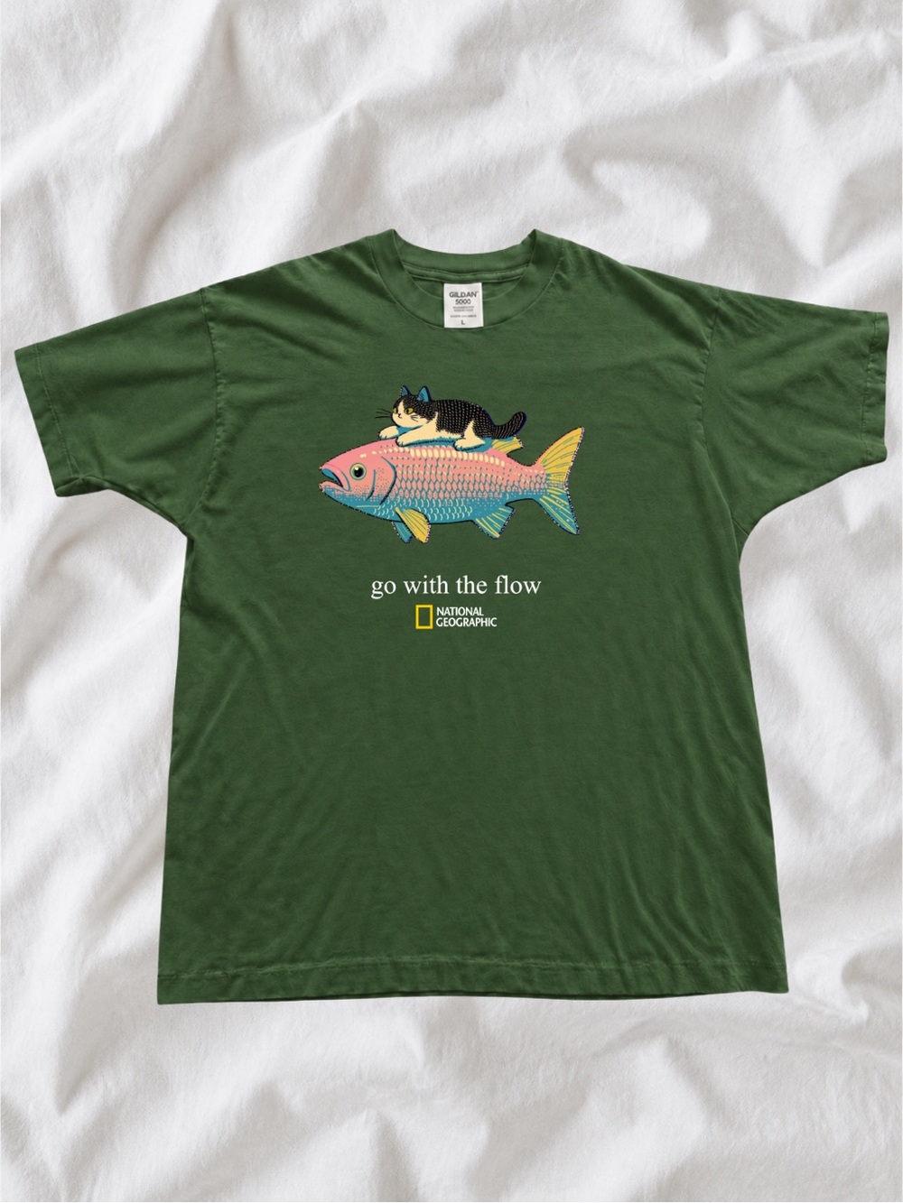 Green Tee with Colorful Fish & Cat Graphic T-shirt